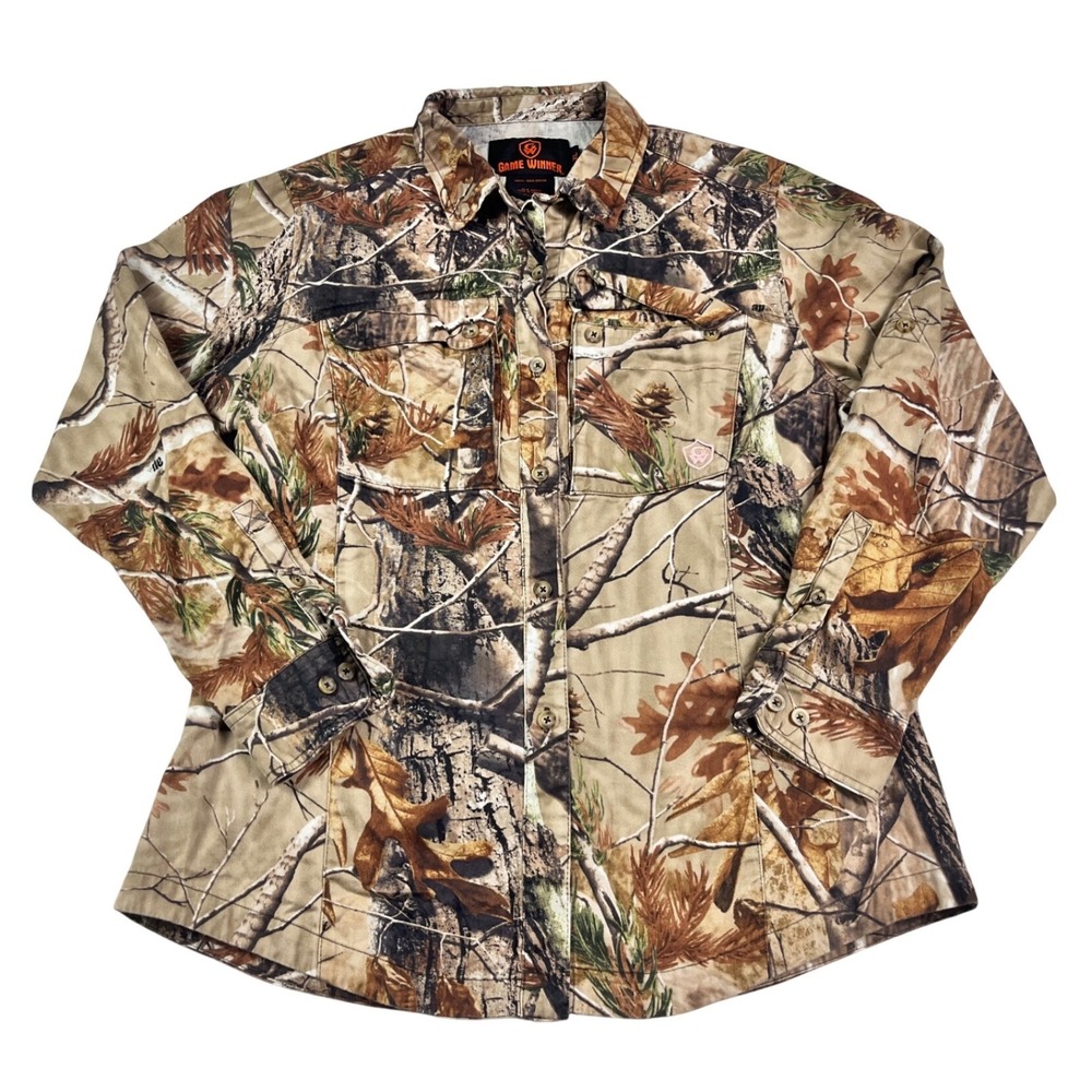 Game Winner Womens XL Realtree AP Camo Button Down Hunting Shirt 100% Cotton EUC